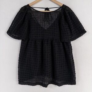 Urban Outfitters Top Blouse XS Black Babydoll Semi Sheer Textured Squares